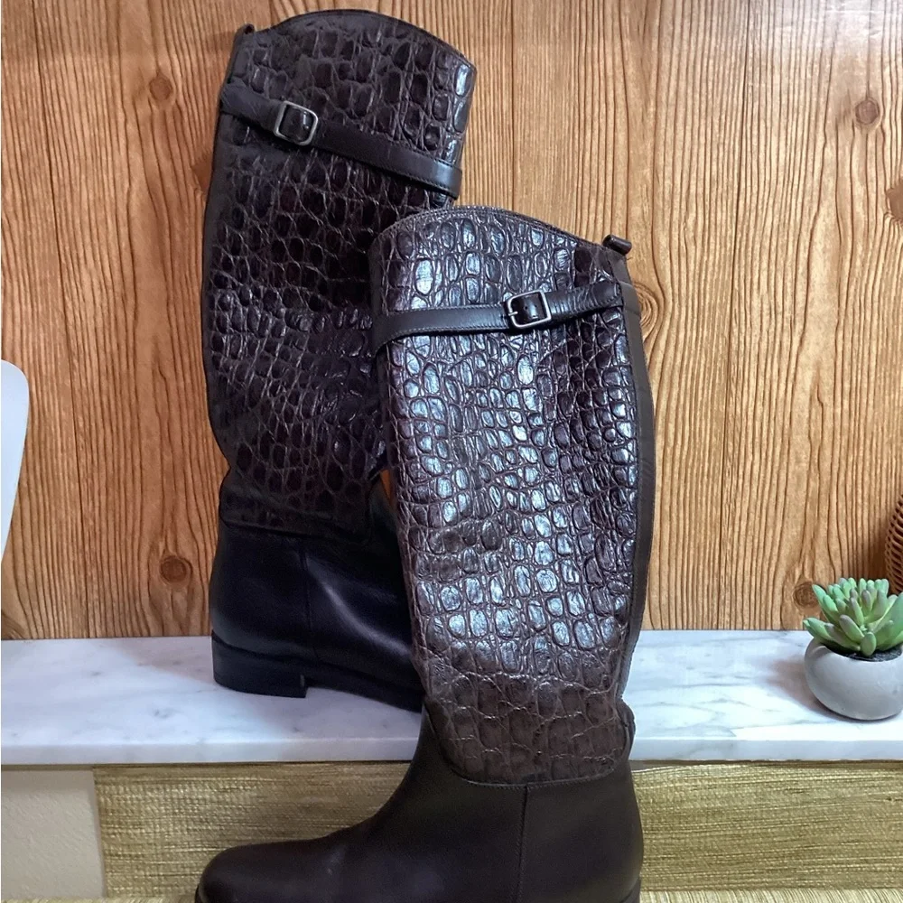Clarks Hopedale Dark Brown Croc-Embossed Leather Heeled Boots